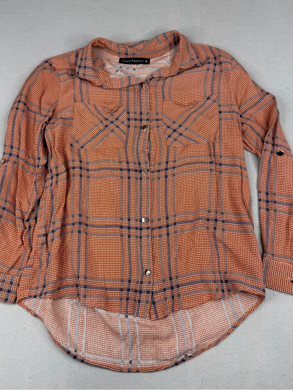Trend Factory Plaid Snap Front Blouse Small Rust Orange Roll Tab Rayon Top